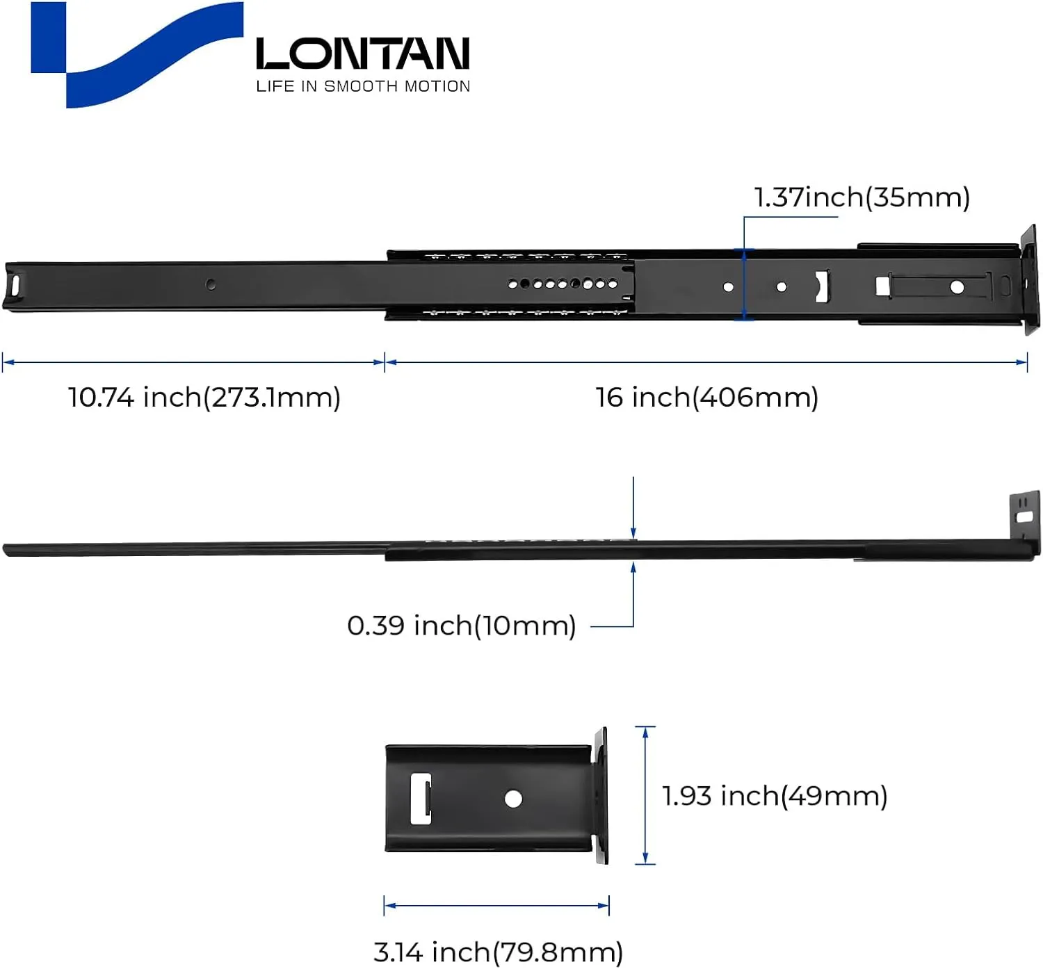 LONTAN 2 Pcs Black Center Mount Drawer Slides 16 Inch - Bottom Centered Drawer Mount 3/4 Extension Heavy Duty Drawer Glides for Cabinets, Dressers, and Furniture – Smooth and Quiet Operation