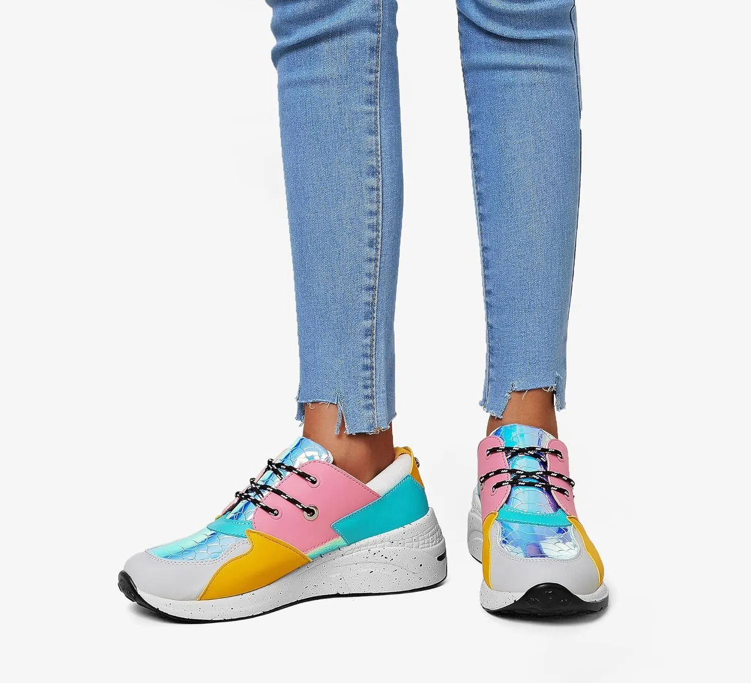 LUCKY STEP Women's High Heel Wedge Sneakers Fashion Cliff Platform Retro Lace Up Casual Shoes