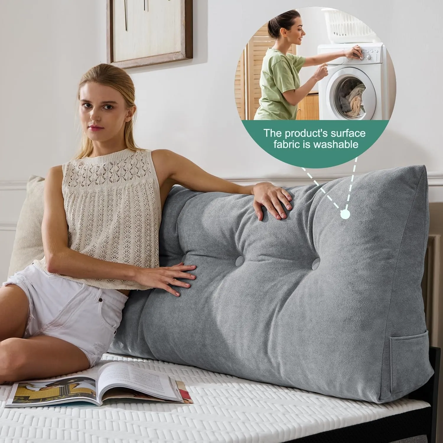 Lukace Premium Wedge Pillow Headboard with Removable Cover - Triangular Reading Support Backrest for Bed with Side Pockets, Perfect for Reading & TV (Light Gray Twin Size, 39x8x20 Inches)