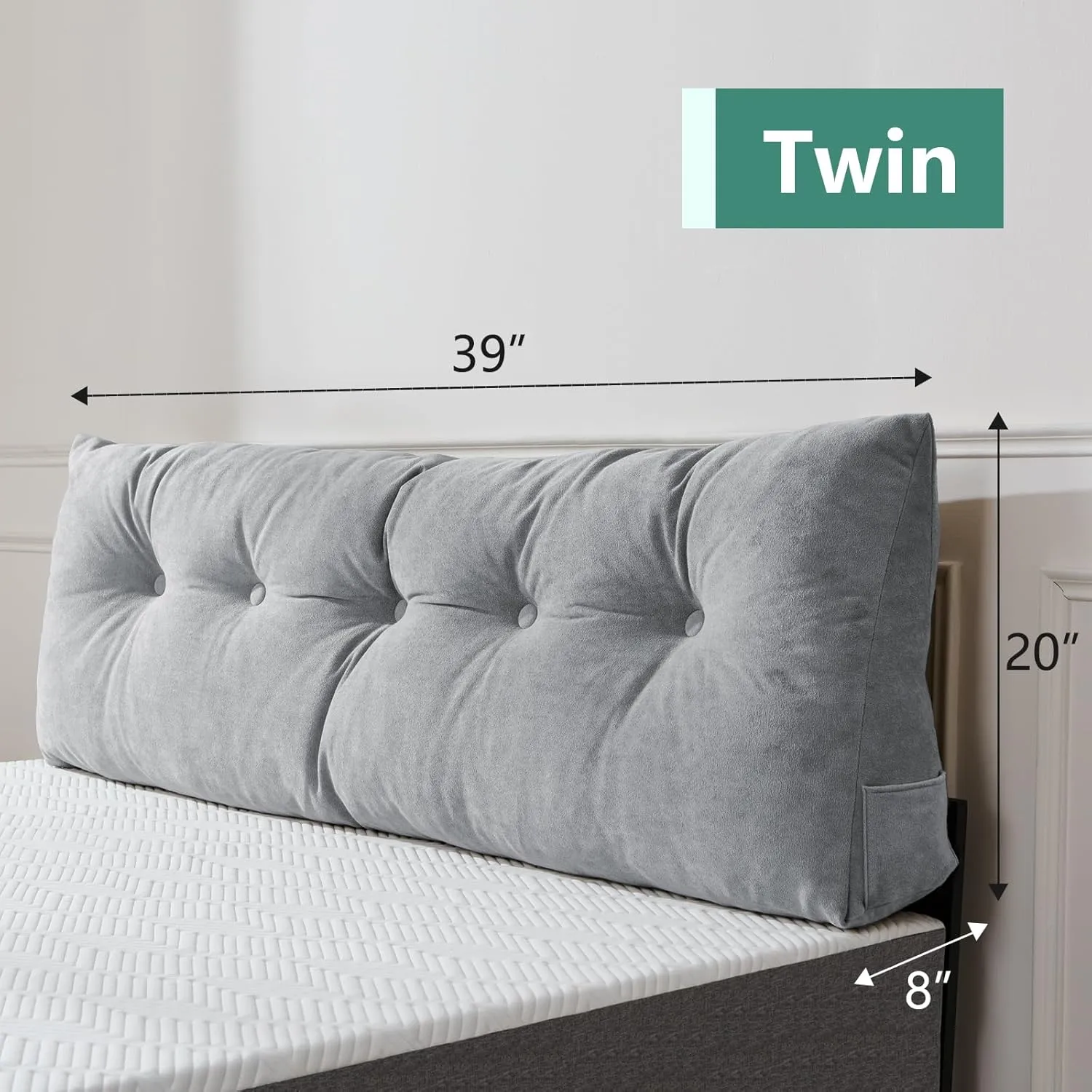 Lukace Premium Wedge Pillow Headboard with Removable Cover - Triangular Reading Support Backrest for Bed with Side Pockets, Perfect for Reading & TV (Light Gray Twin Size, 39x8x20 Inches)
