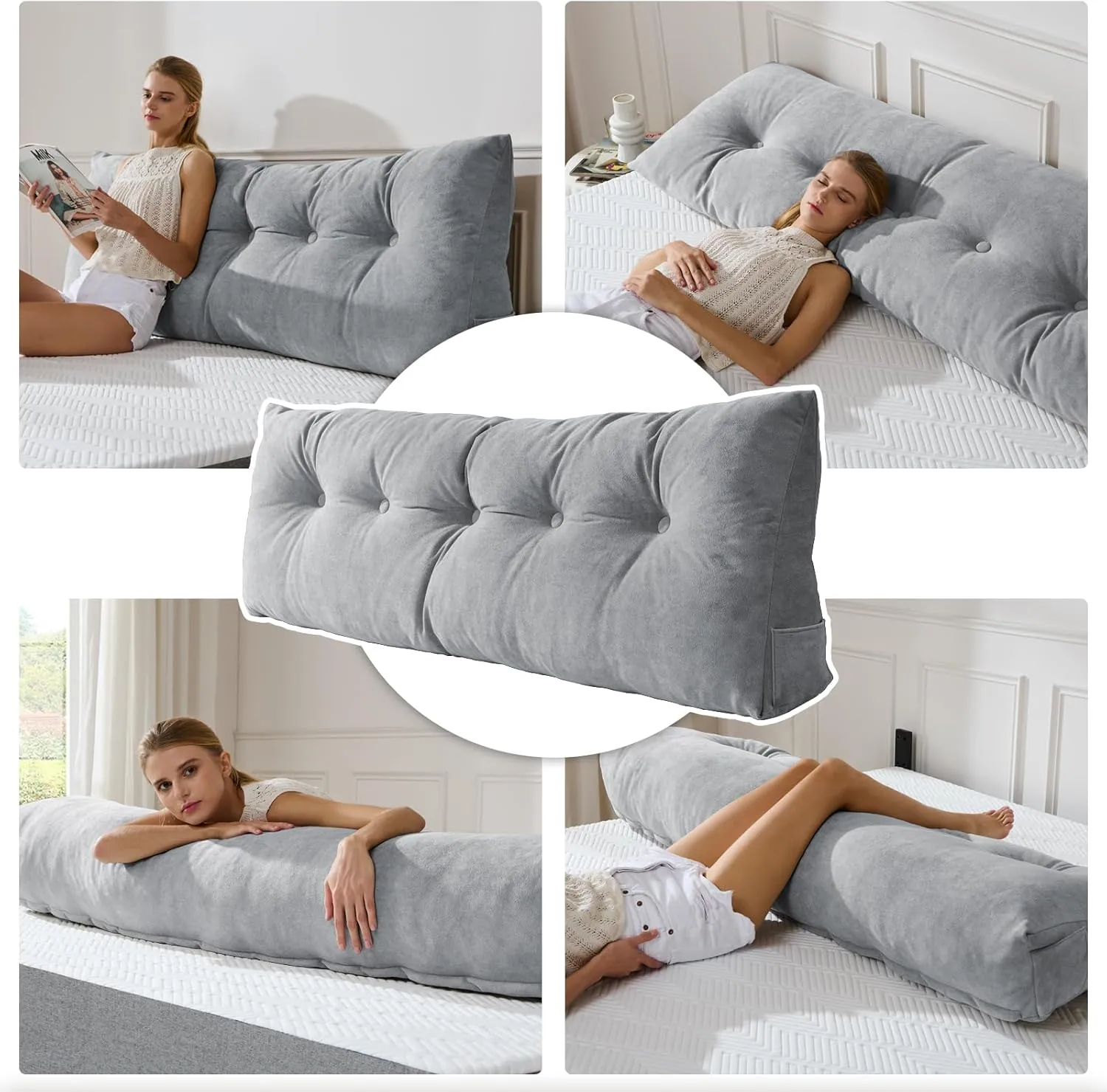 Lukace Premium Wedge Pillow Headboard with Removable Cover - Triangular Reading Support Backrest for Bed with Side Pockets, Perfect for Reading & TV (Light Gray Twin Size, 39x8x20 Inches)
