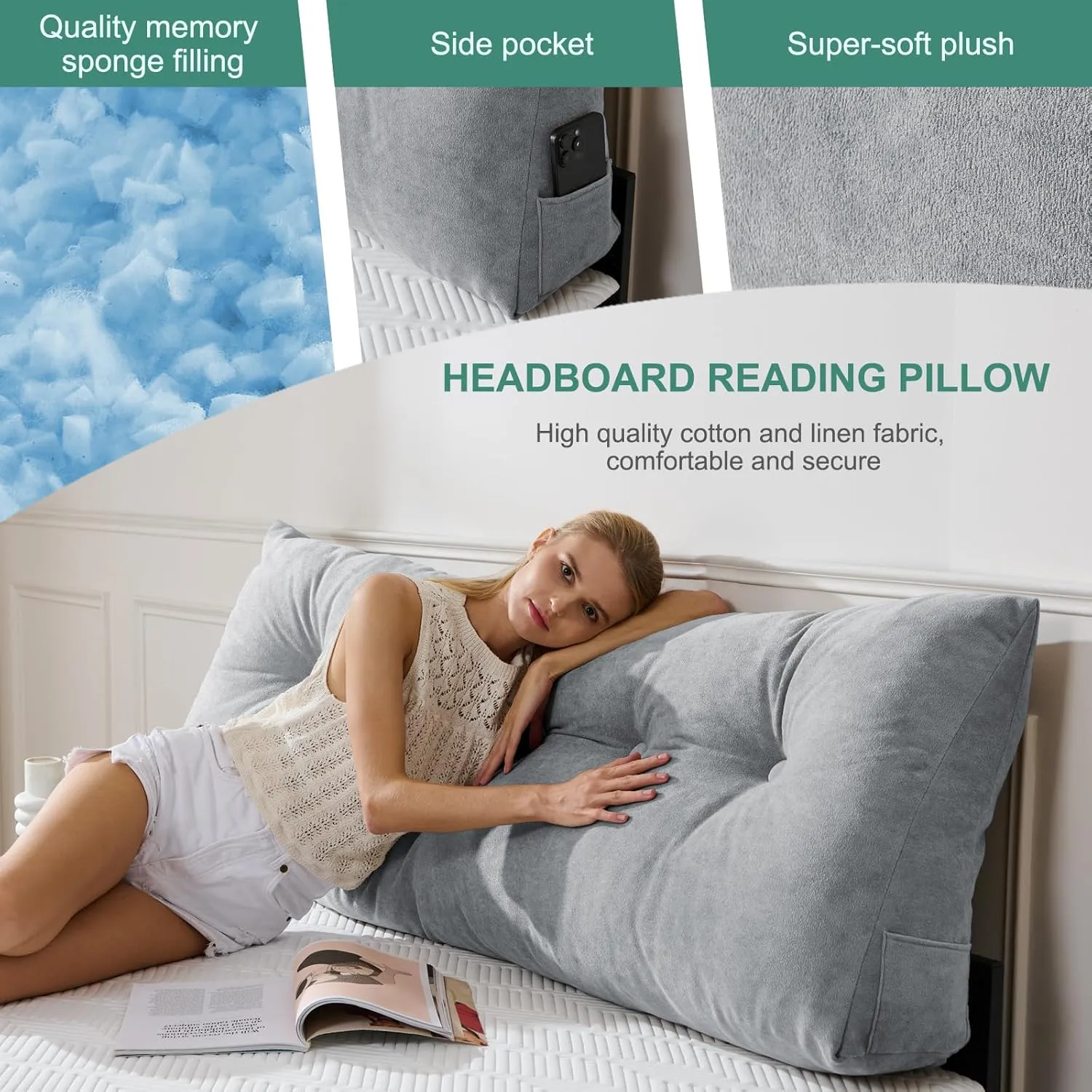 Lukace Premium Wedge Pillow Headboard with Removable Cover - Triangular Reading Support Backrest for Bed with Side Pockets, Perfect for Reading & TV (Light Gray Twin Size, 39x8x20 Inches)