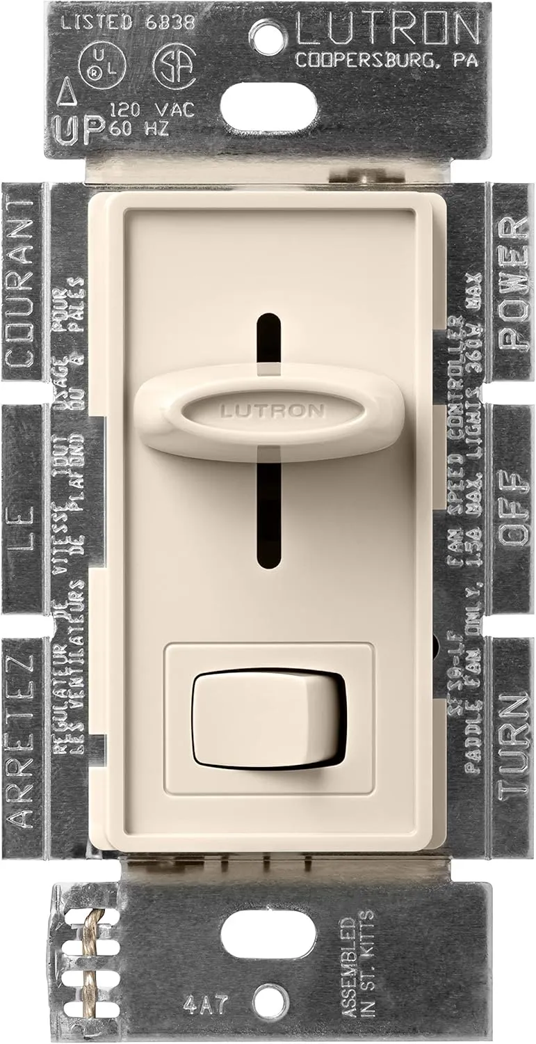 Lutron SFSQ-LF-LA Skylark 1.5 Amp Single-Pole 3-Speed Slide-to-off Fan and Light Control, Light Almond