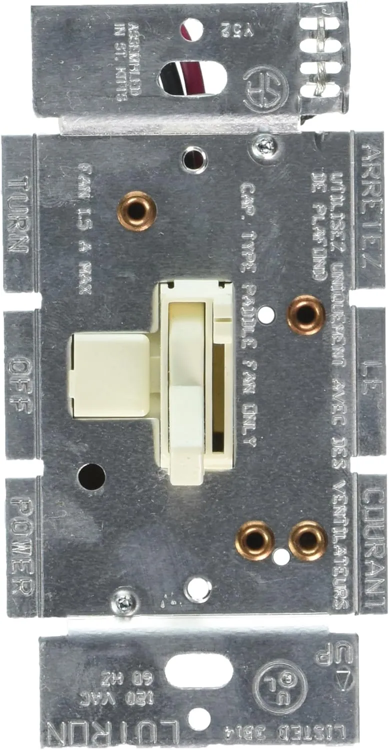 Lutron Toggler Quiet 3-Speed Slide-To-Off Fan Control, 1.5-Amp, Single-Pole/3-Way, AYFSQ-F-AL, Almond