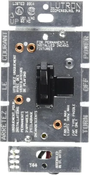 Lutron Toggler Quiet 3-Speed Slide-To-Off Fan Control, 1.5-Amp, Single-Pole/3-Way, AYFSQ-F-BL, Black