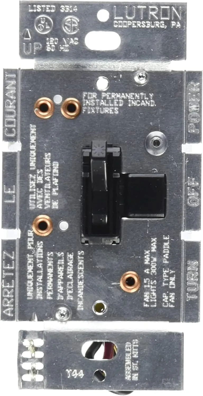 Lutron Toggler Quiet 3-Speed Slide-To-Off Fan Control, 1.5-Amp, Single-Pole/3-Way, AYFSQ-F-BL, Black