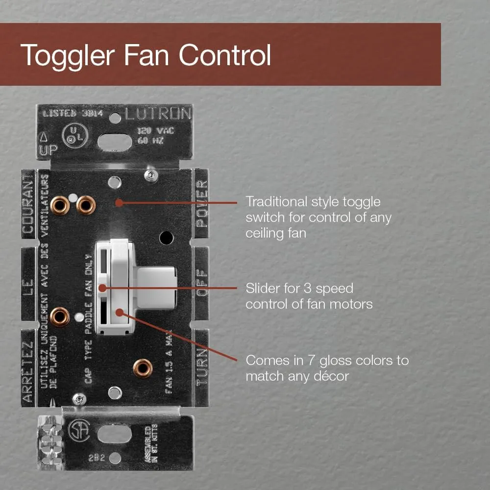 Lutron Toggler Quiet 3-Speed Slide-To-Off Fan Control, 1.5-Amp, Single-Pole/3-Way, AYFSQ-F-IV, Ivory