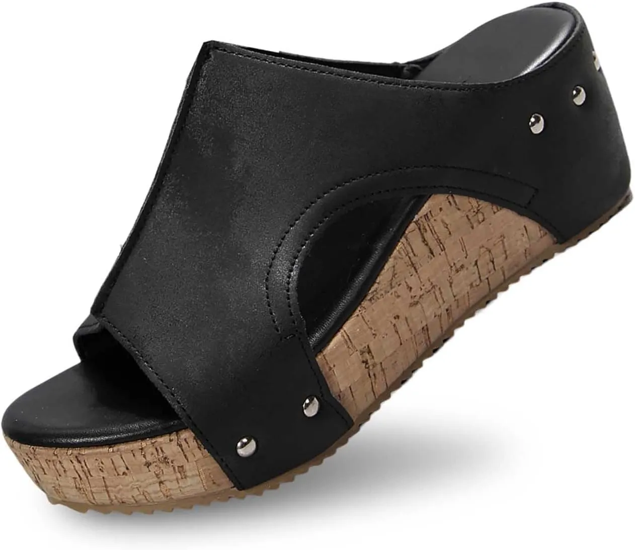 Maison Birch Lumi Cork Wedges & Platform Slides, Women's Thick Sole Comfy Leather Wedge Non-slip Summer Sandals