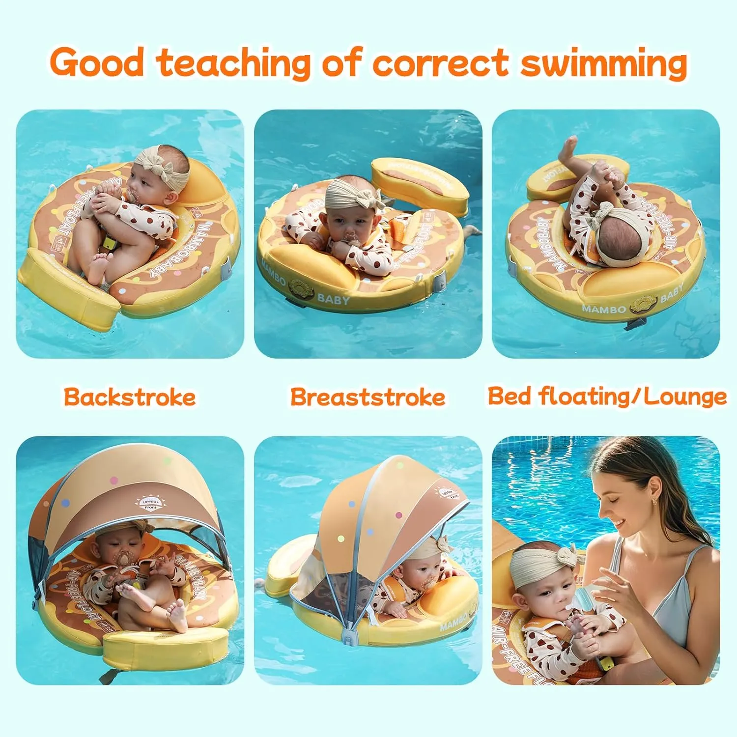 Mambobaby Float with Canopy and Tail New Upgraded Non-Inflatable Baby Pool Float Mambo Float Swim Trainer Solid Infant Swim Float Adjustable Pearl Foam Baby Swim Ring