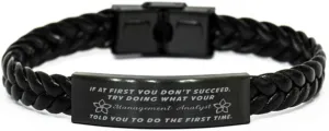 Management Analyst Braided Leather Bracelet, If at first you don't succeed, try doing what your athletic trainer told you to do the first time., Laser Engraved, Stainless Steel Wristband
