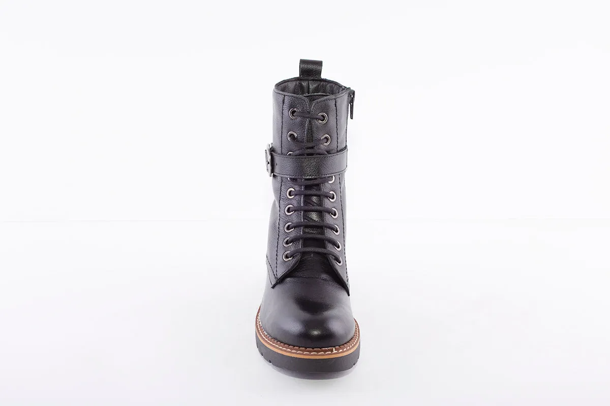 MARIA JAEN - 3042 LOW HEEL LACE (ZIP) FASHION ANKLE BOOT - BLACK LEATHER