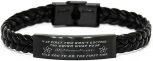 Mathematician Braided Leather Bracelet, If at first you don't succeed, try doing what your athletic trainer told you to do the first time., Laser Engraved, Stainless Steel Wristband