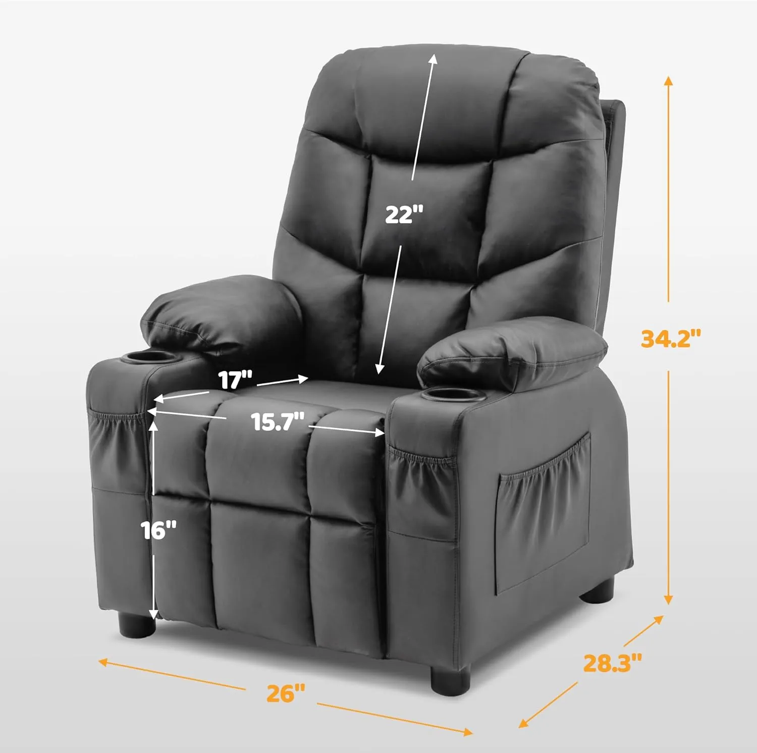 MCombo Big Kids Recliner for Ages 3 , Child Reclining Chair, Toddlers Recliner Sofa with Cup Holders (Faux Leather, Dark Grey)