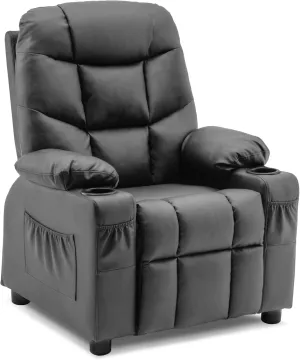 MCombo Big Kids Recliner for Ages 3 , Child Reclining Chair, Toddlers Recliner Sofa with Cup Holders (Faux Leather, Dark Grey)