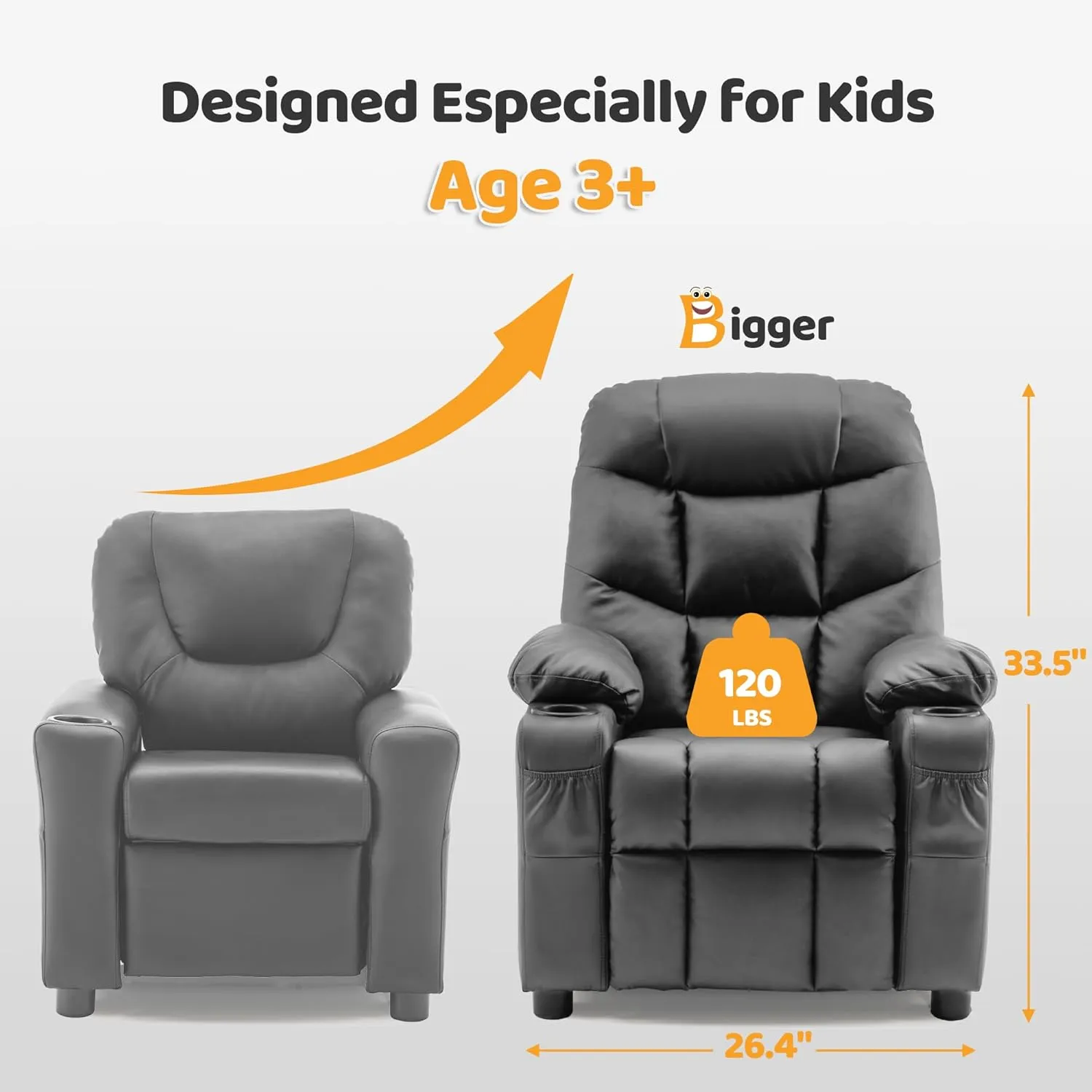 MCombo Big Kids Recliner for Ages 3 , Child Reclining Chair, Toddlers Recliner Sofa with Cup Holders (Faux Leather, Dark Grey)
