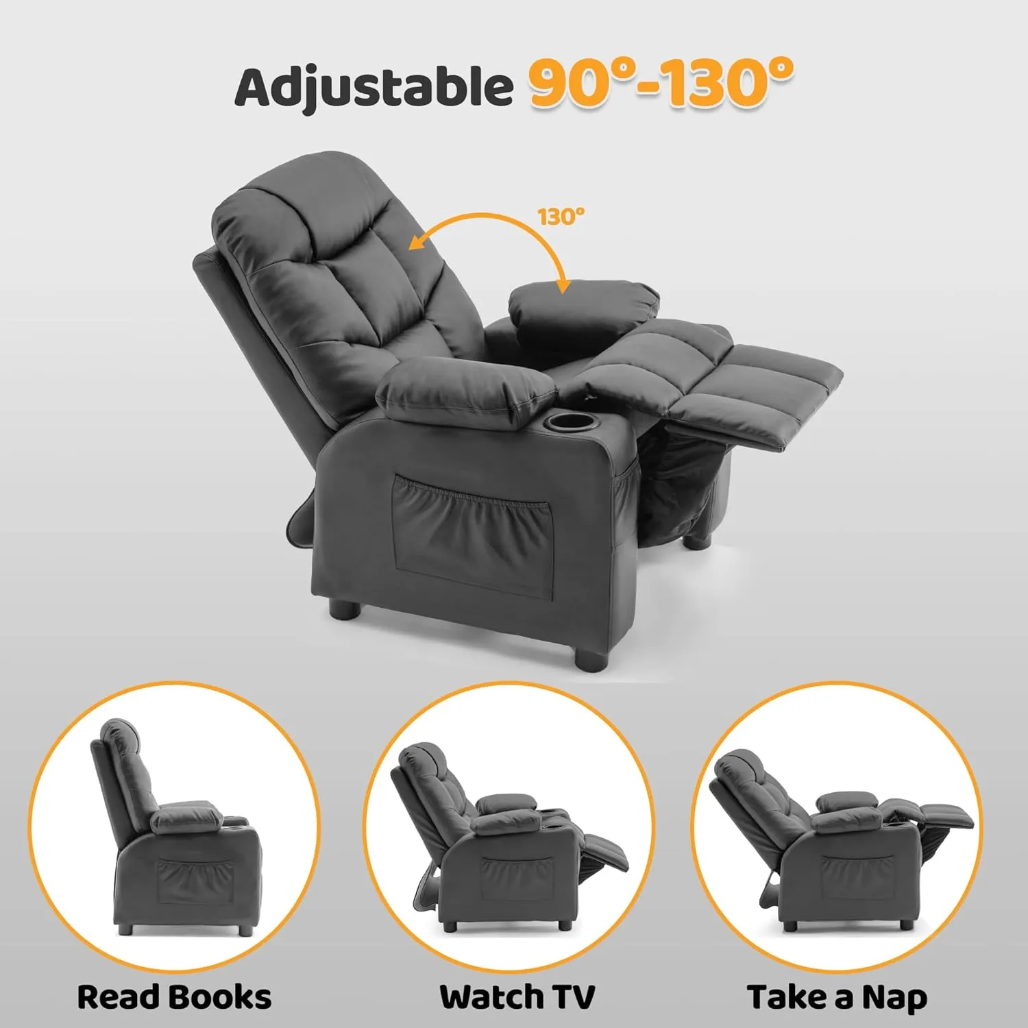 MCombo Big Kids Recliner for Ages 3 , Child Reclining Chair, Toddlers Recliner Sofa with Cup Holders (Faux Leather, Dark Grey)