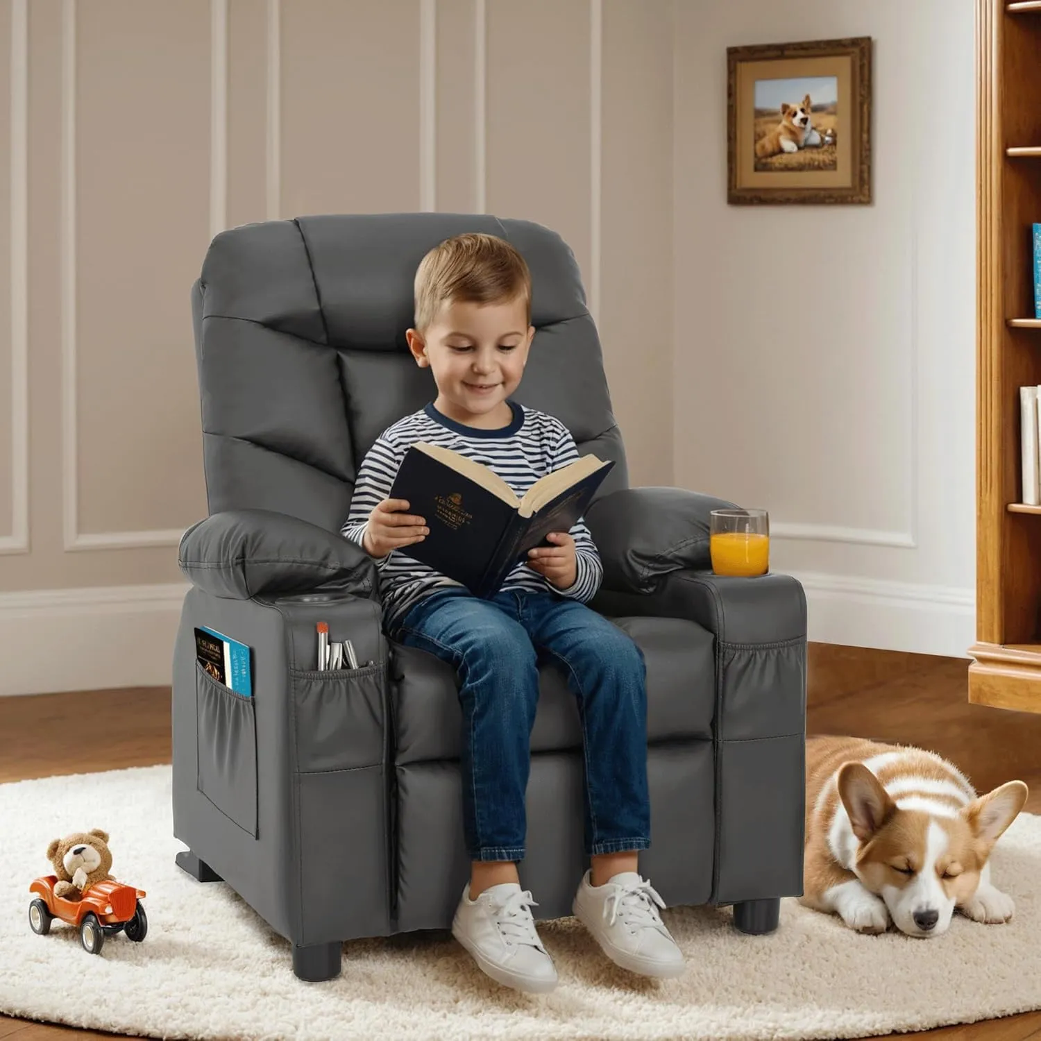 MCombo Big Kids Recliner for Ages 3 , Child Reclining Chair, Toddlers Recliner Sofa with Cup Holders (Faux Leather, Dark Grey)