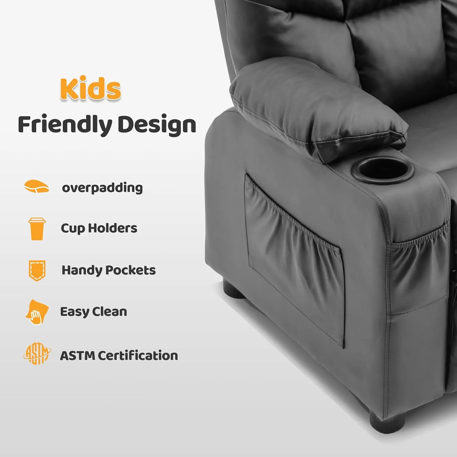 MCombo Big Kids Recliner for Ages 3 , Child Reclining Chair, Toddlers Recliner Sofa with Cup Holders (Faux Leather, Dark Grey)