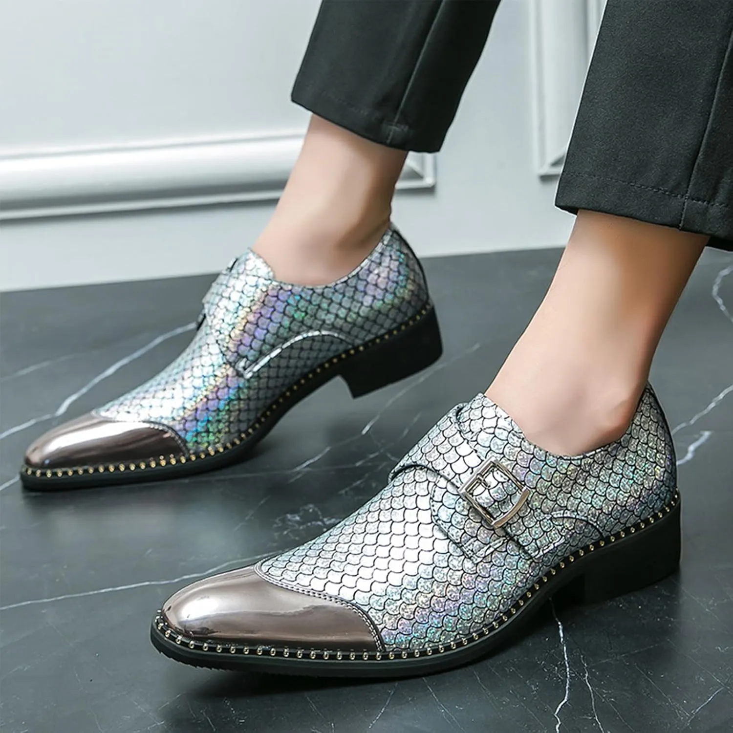 Men Leather Monk Strap Slip On Pointed Toe Dress Loafers Fashion Color Matching Metal Cap Toe Formal Business Casual Party Dancing Oxford Shoes