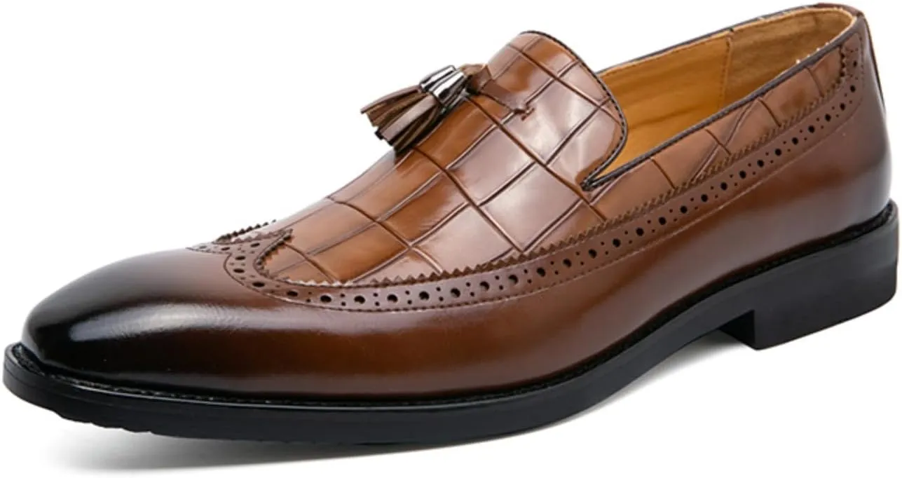 Men Loafer Dress Shoes Multicolor Brogues with Tassels Patchwork Two Tone Color Matching Punched Toe