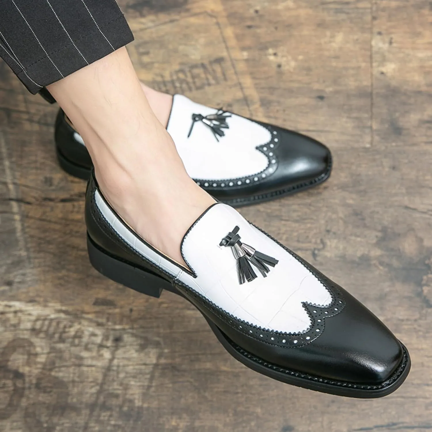 Men Loafer Dress Shoes Multicolor Brogues with Tassels Patchwork Two Tone Color Matching Punched Toe