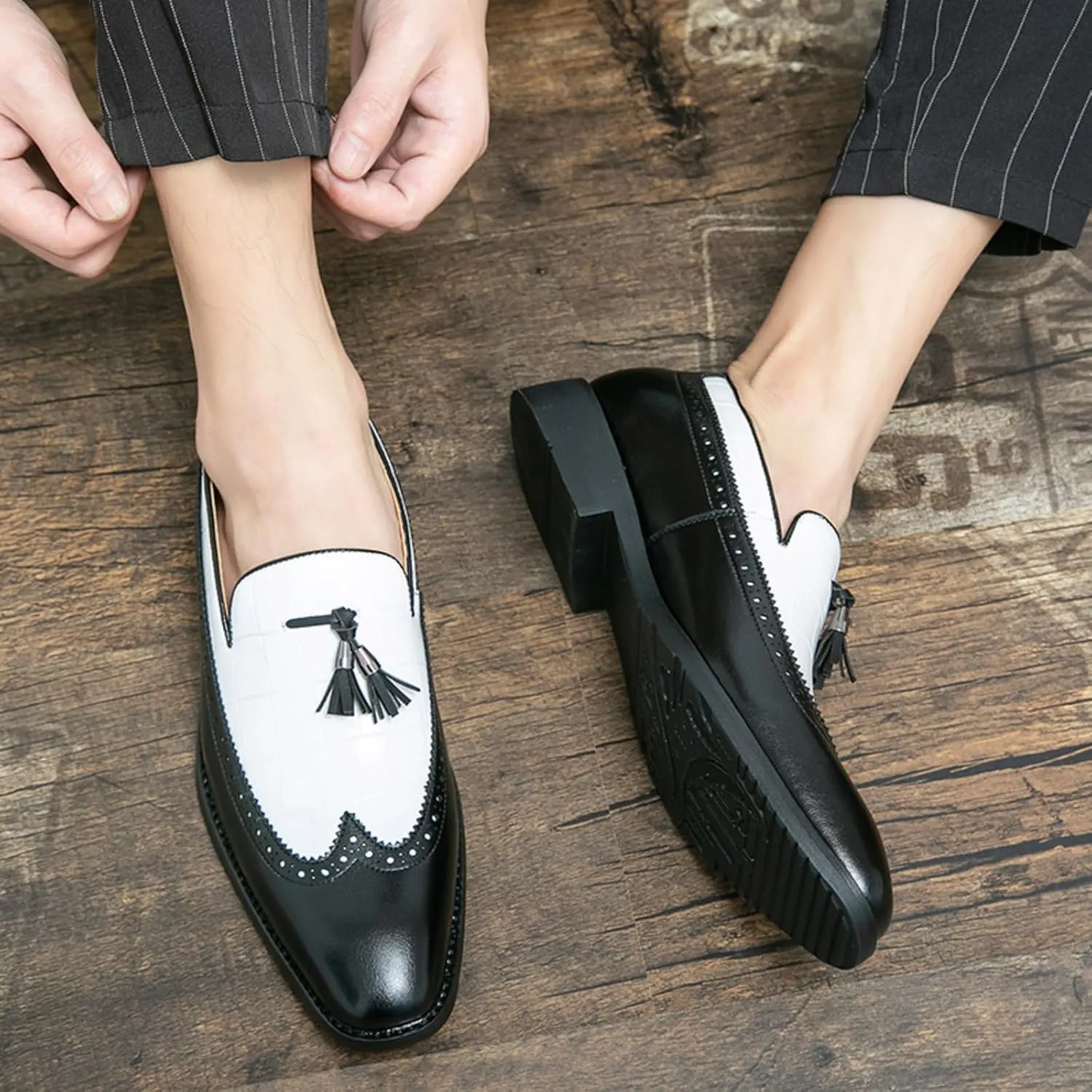 Men Loafer Dress Shoes Multicolor Brogues with Tassels Patchwork Two Tone Color Matching Punched Toe