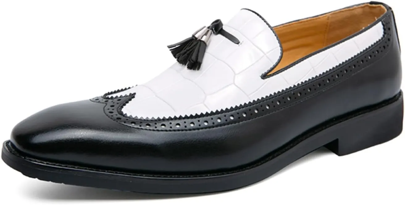 Men Loafer Dress Shoes Multicolor Brogues with Tassels Patchwork Two Tone Color Matching Punched Toe