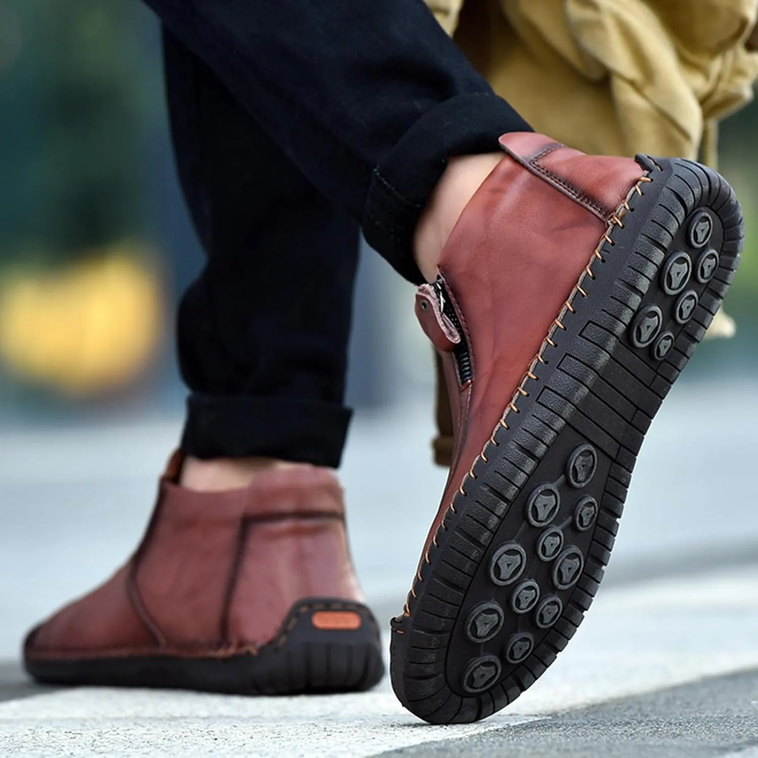 Men's Outdoors Leather Driving Classic Handmade Mid-Top Ankle Casual Comfortable Walking Loafers Slip on Shoes