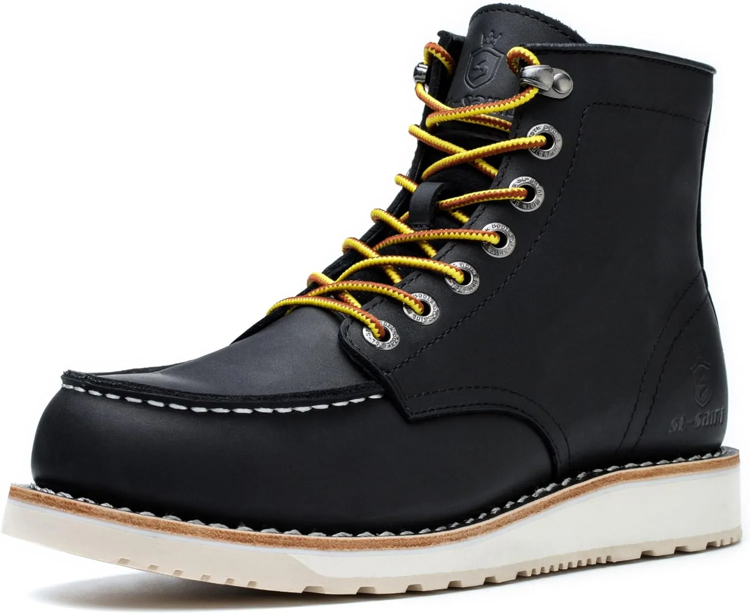 Men’s Work Boots Soft Moc Toe Handmade Classic Ankle Fashion Casual 6 Inch Wedge Sole Industrial Construction Shoes Brown/Black