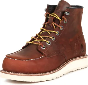 Men’s Work Boots Soft Moc Toe Handmade Classic Ankle Fashion Casual 6 Inch Wedge Sole Industrial Construction Shoes Brown/Black