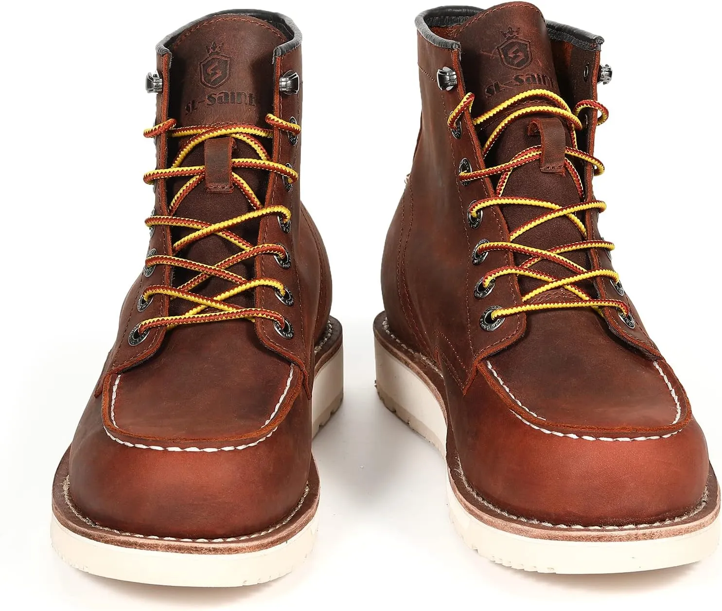 Men’s Work Boots Soft Moc Toe Handmade Classic Ankle Fashion Casual 6 Inch Wedge Sole Industrial Construction Shoes Brown/Black