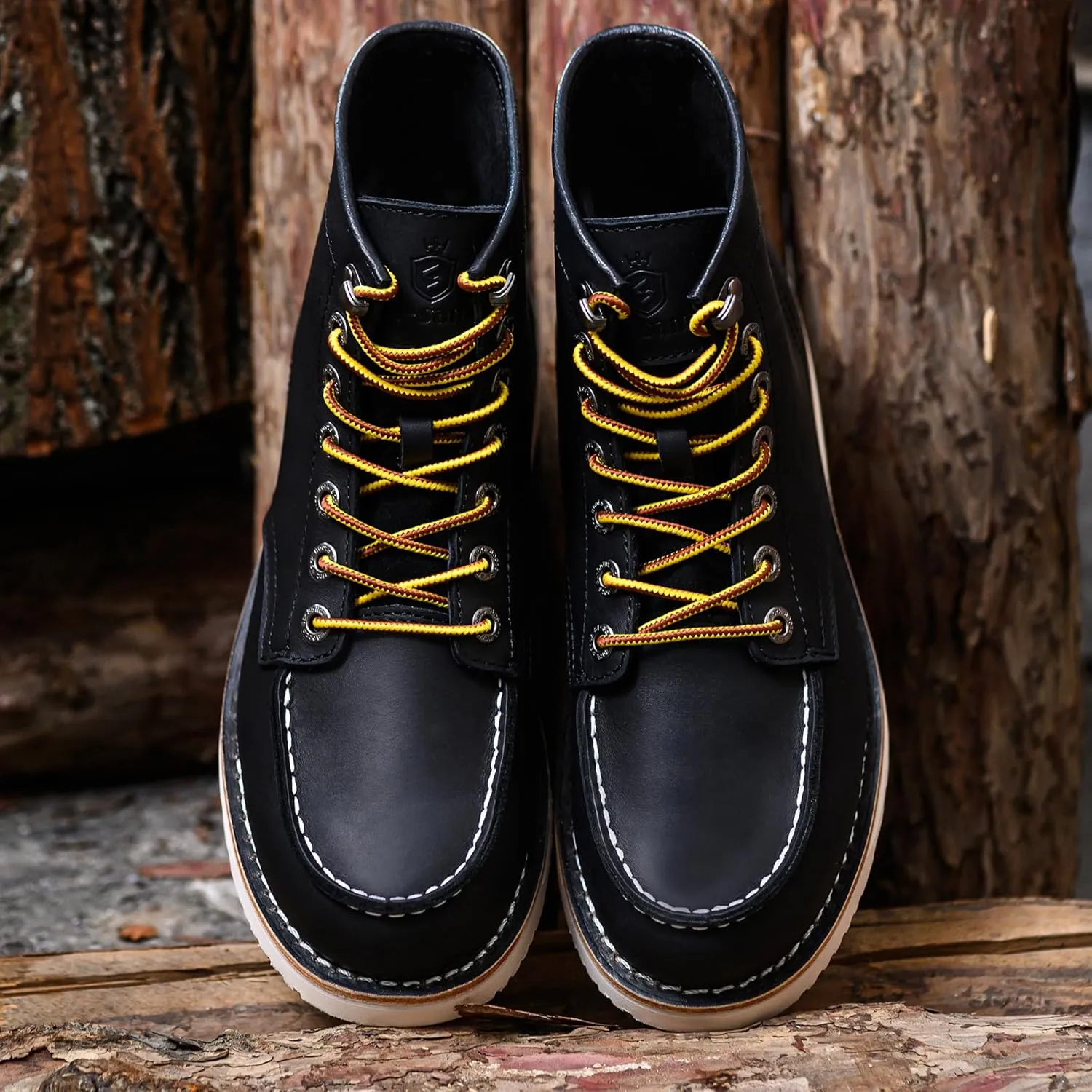 Men’s Work Boots Soft Moc Toe Handmade Classic Ankle Fashion Casual 6 Inch Wedge Sole Industrial Construction Shoes Brown/Black