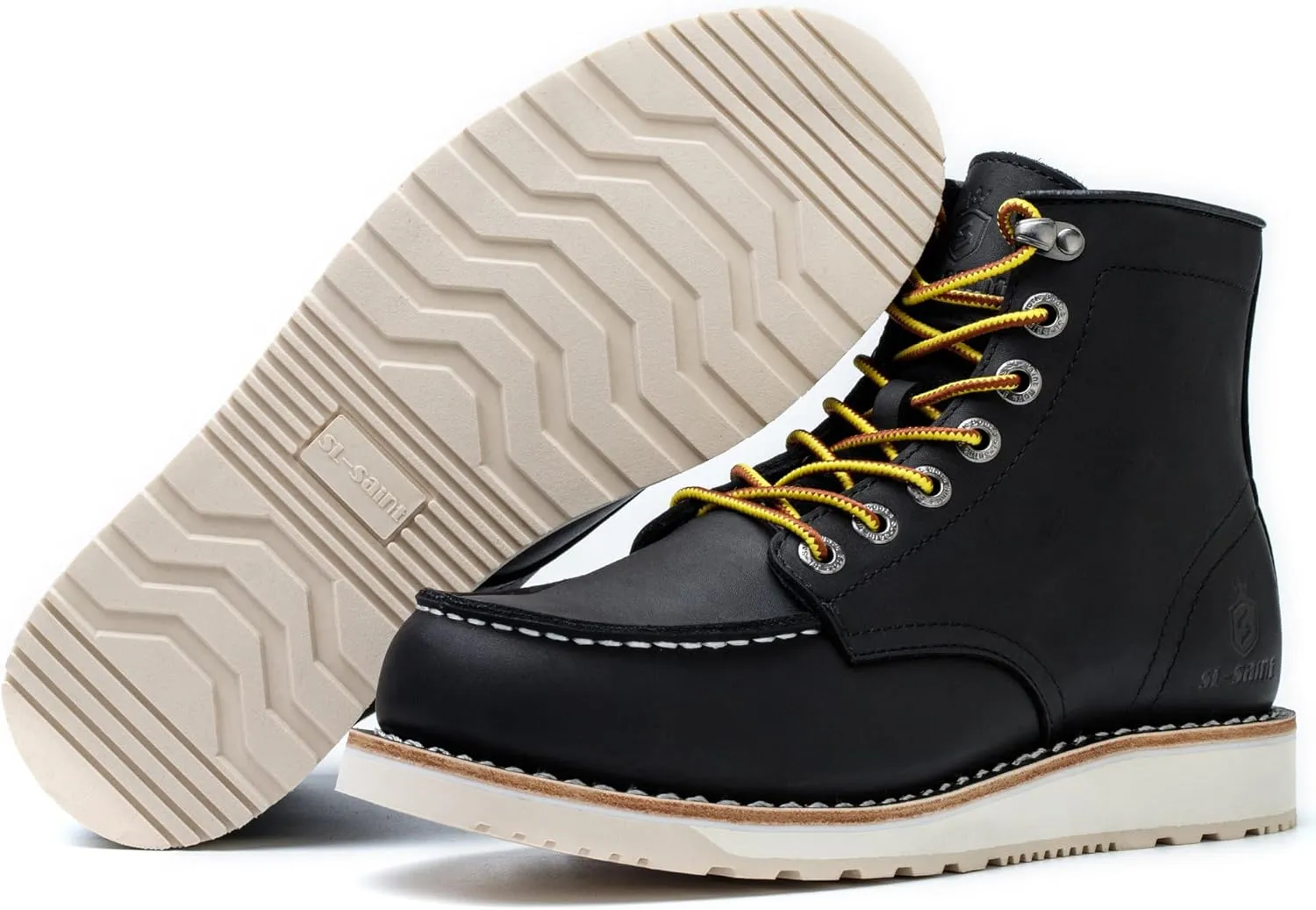 Men’s Work Boots Soft Moc Toe Handmade Classic Ankle Fashion Casual 6 Inch Wedge Sole Industrial Construction Shoes Brown/Black