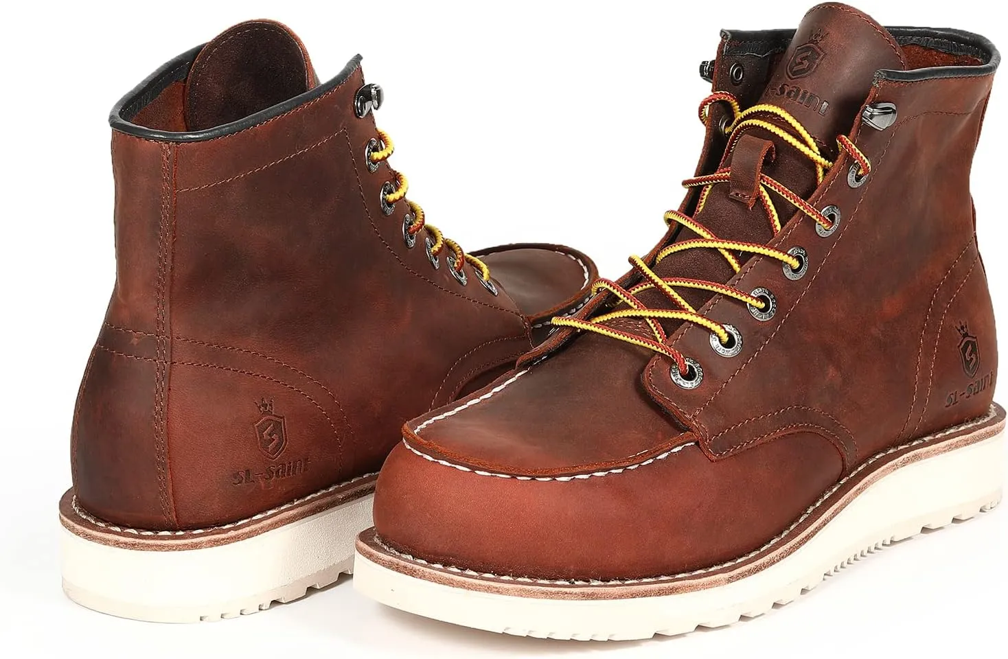 Men’s Work Boots Soft Moc Toe Handmade Classic Ankle Fashion Casual 6 Inch Wedge Sole Industrial Construction Shoes Brown/Black