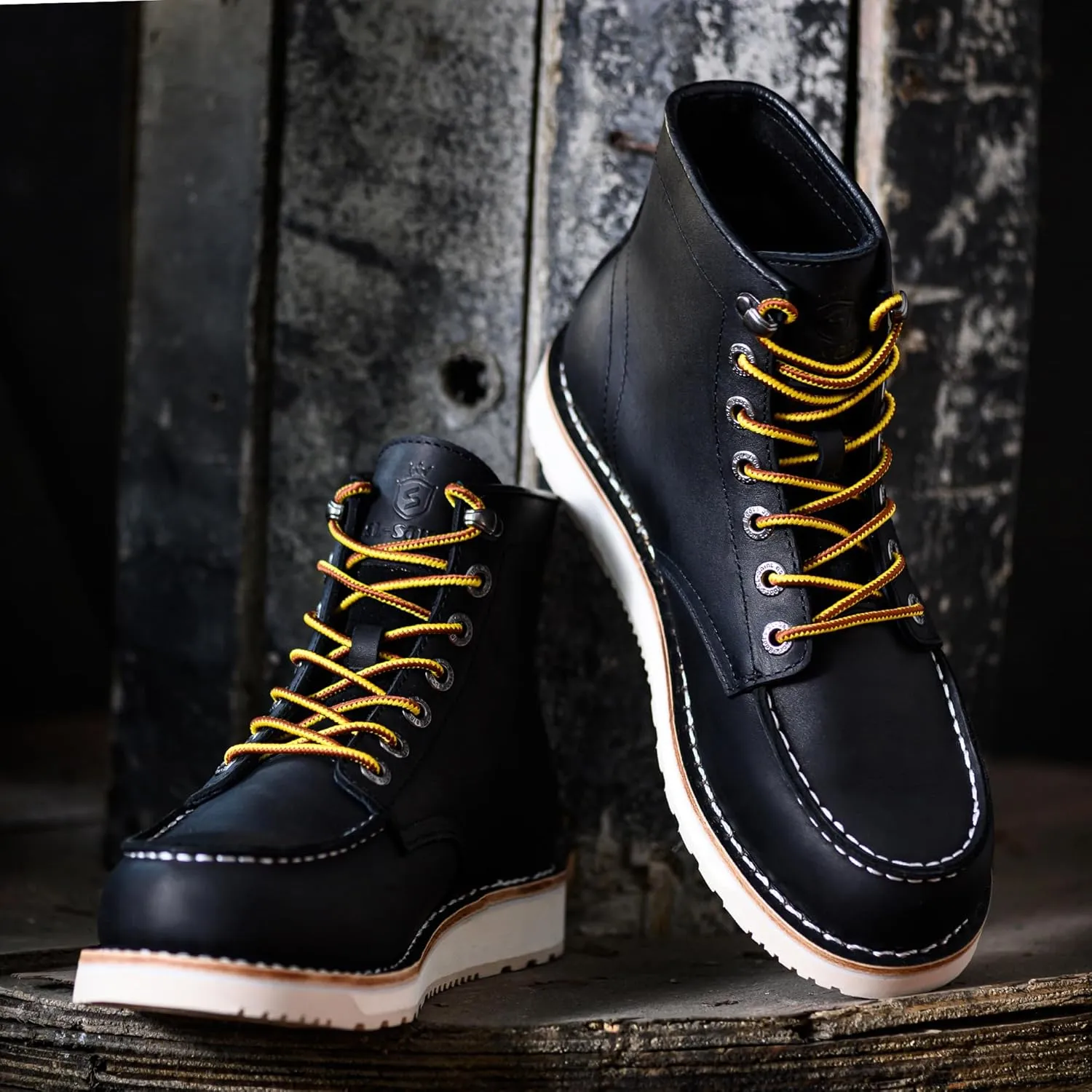 Men’s Work Boots Soft Moc Toe Handmade Classic Ankle Fashion Casual 6 Inch Wedge Sole Industrial Construction Shoes Brown/Black
