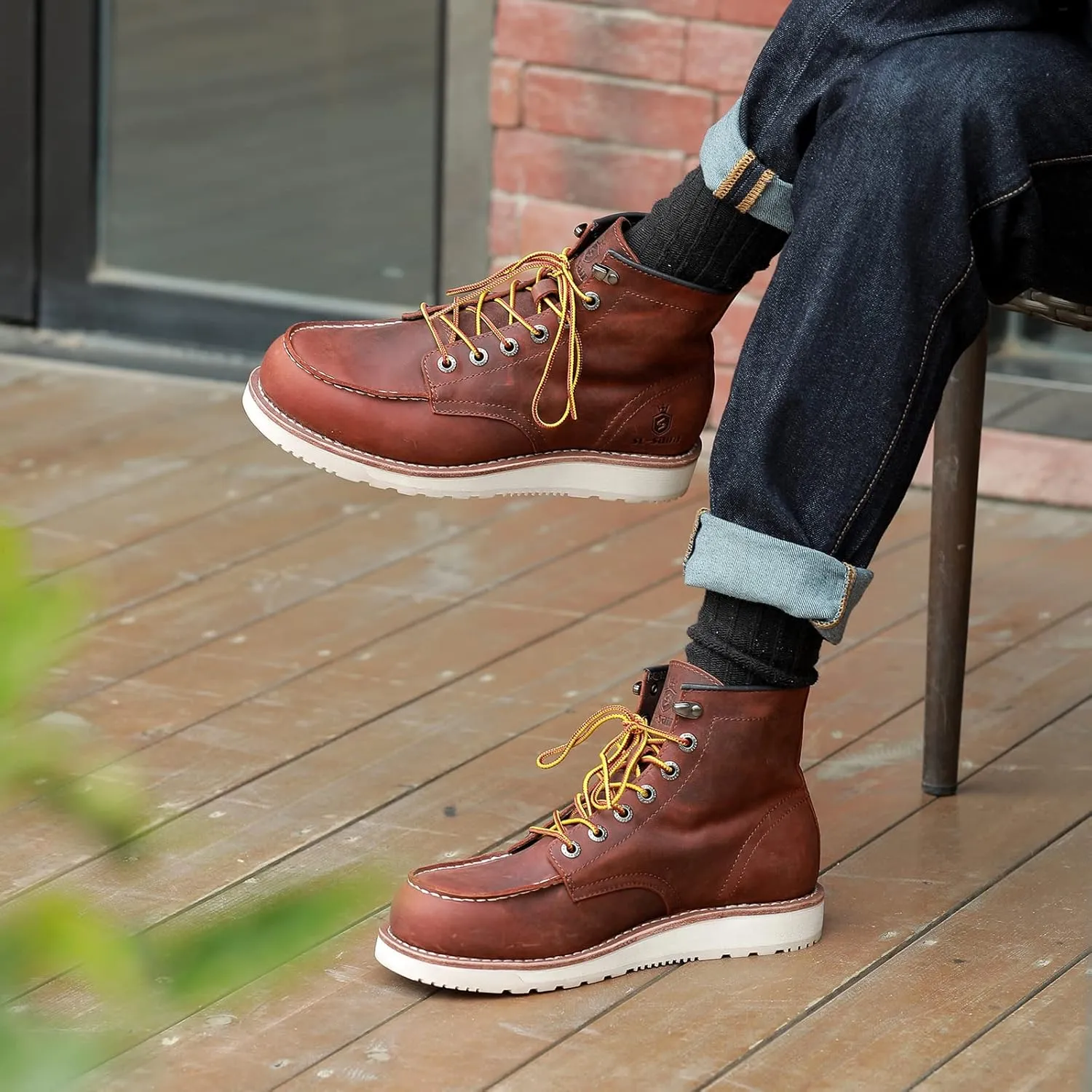 Men’s Work Boots Soft Moc Toe Handmade Classic Ankle Fashion Casual 6 Inch Wedge Sole Industrial Construction Shoes Brown/Black