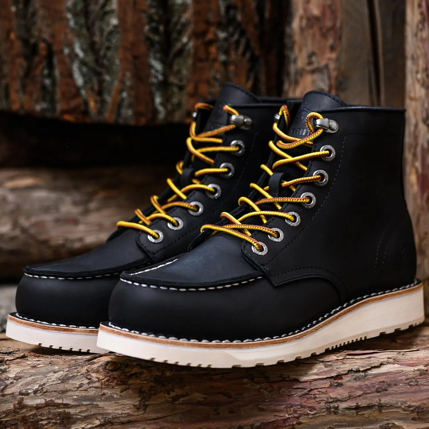Men’s Work Boots Soft Moc Toe Handmade Classic Ankle Fashion Casual 6 Inch Wedge Sole Industrial Construction Shoes Brown/Black