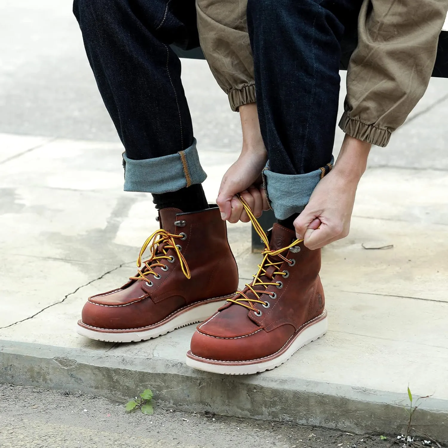 Men’s Work Boots Soft Moc Toe Handmade Classic Ankle Fashion Casual 6 Inch Wedge Sole Industrial Construction Shoes Brown/Black