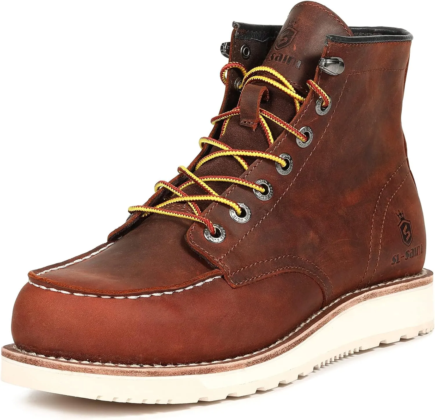 Men’s Work Boots Soft Moc Toe Handmade Classic Ankle Fashion Casual 6 Inch Wedge Sole Industrial Construction Shoes Brown/Black