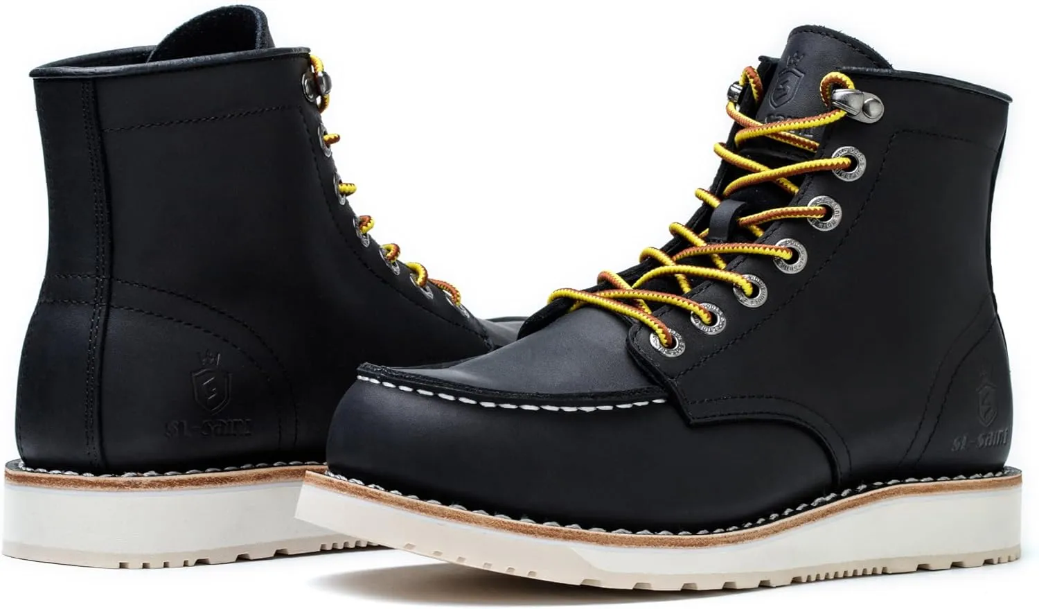 Men’s Work Boots Soft Moc Toe Handmade Classic Ankle Fashion Casual 6 Inch Wedge Sole Industrial Construction Shoes Brown/Black