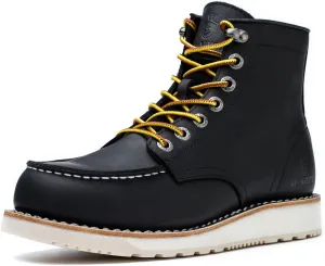Men’s Work Boots Soft Moc Toe Handmade Classic Ankle Fashion Casual 6 Inch Wedge Sole Industrial Construction Shoes Brown/Black