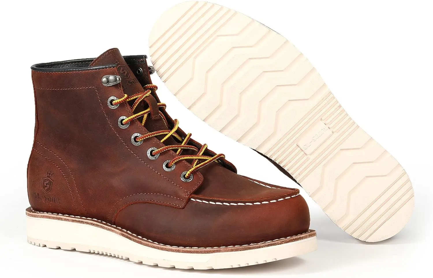 Men’s Work Boots Soft Moc Toe Handmade Classic Ankle Fashion Casual 6 Inch Wedge Sole Industrial Construction Shoes Brown/Black