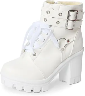 MEOTINA Goth Platform Black Boots for Women Dressy Chunky Combat Boot Buckle Gothic Booites Zipper Rivets Rave Shoes