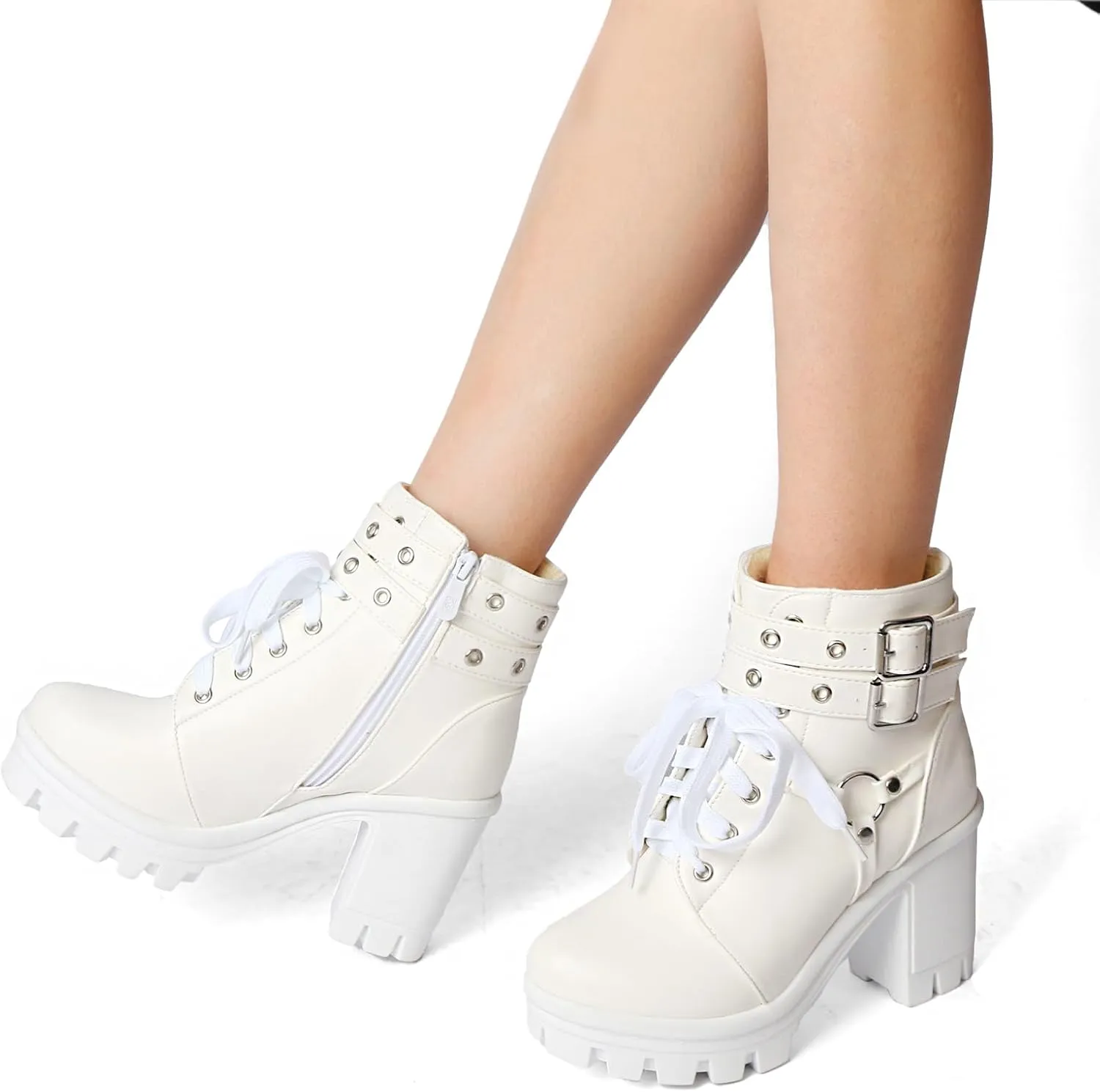 MEOTINA Goth Platform Black Boots for Women Dressy Chunky Combat Boot Buckle Gothic Booites Zipper Rivets Rave Shoes