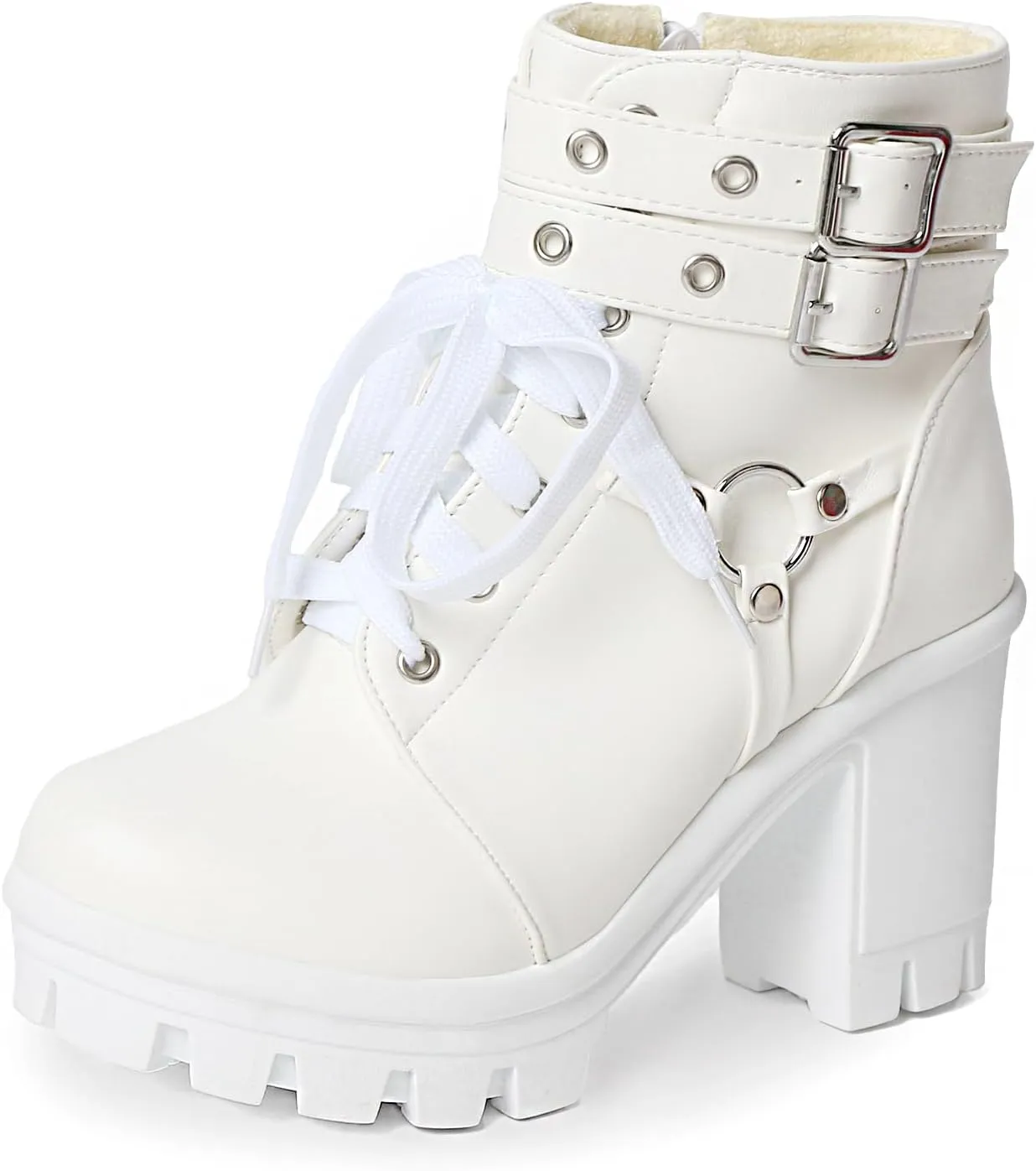 MEOTINA Goth Platform Black Boots for Women Dressy Chunky Combat Boot Buckle Gothic Booites Zipper Rivets Rave Shoes