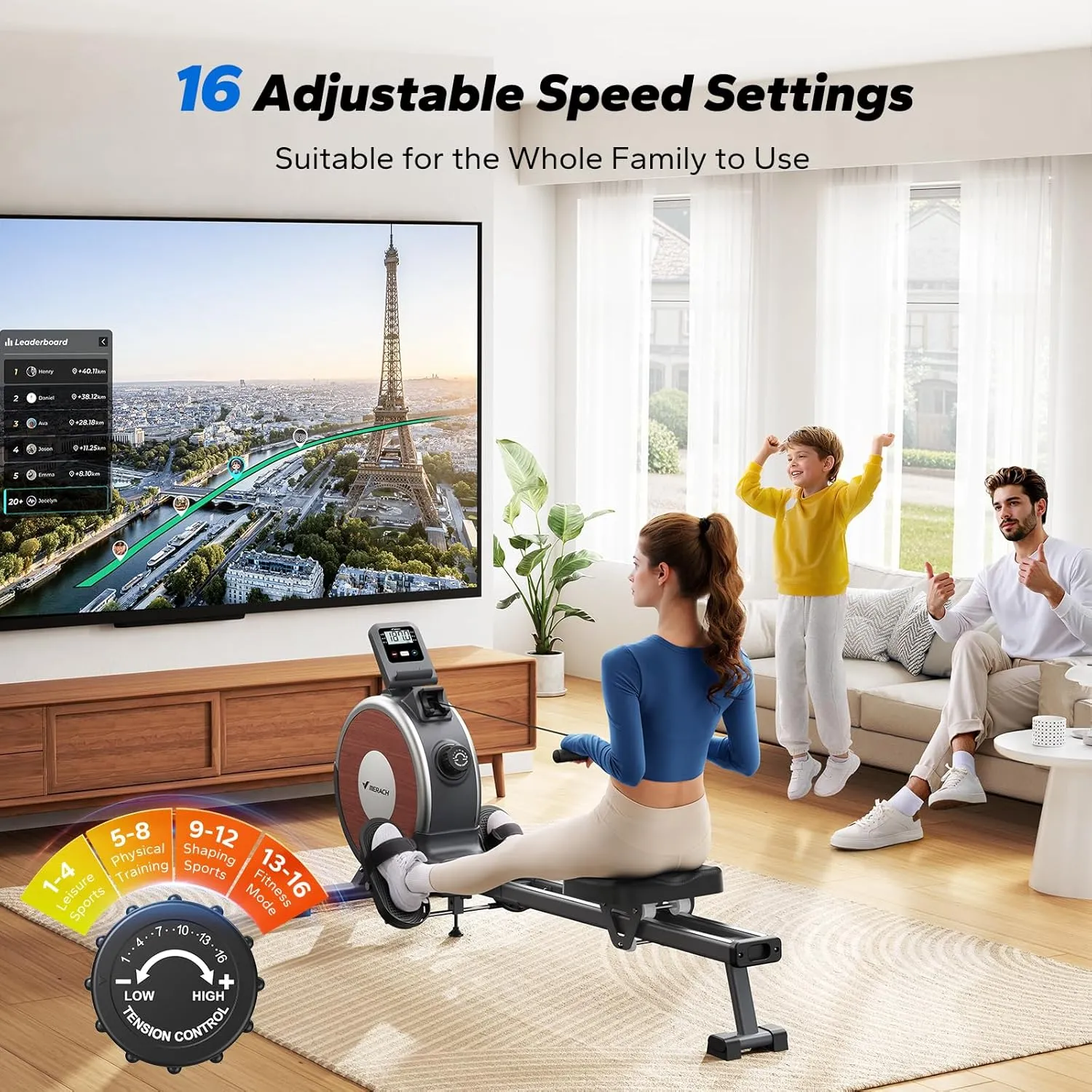 MERACH Rowing Machine, Magnetic Rower Machine for Home, 16 Levels of Quiet Resistance, Dual Slide Rail with Max 350lb Weight Capacity, App Compatible