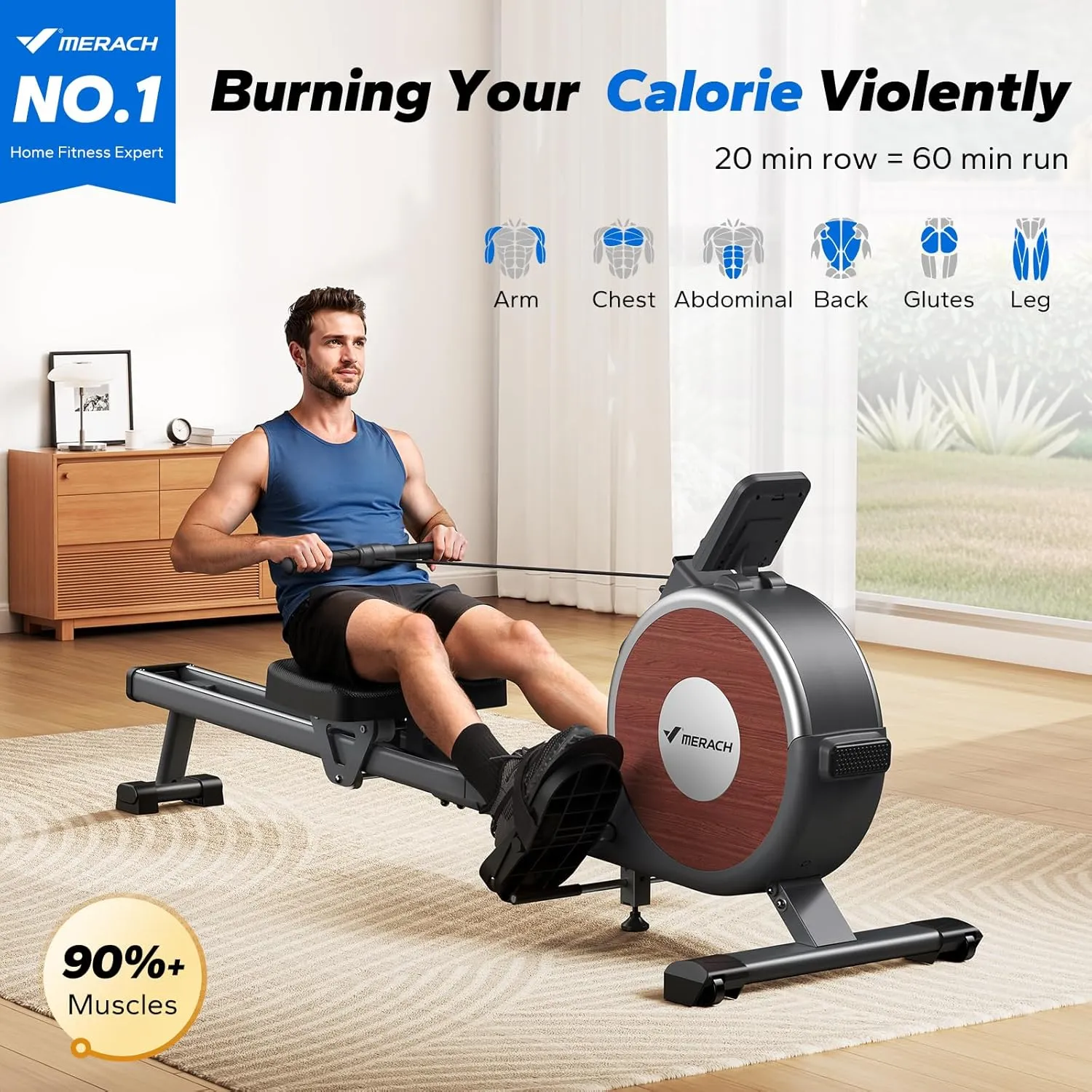 MERACH Rowing Machine, Magnetic Rower Machine for Home, 16 Levels of Quiet Resistance, Dual Slide Rail with Max 350lb Weight Capacity, App Compatible