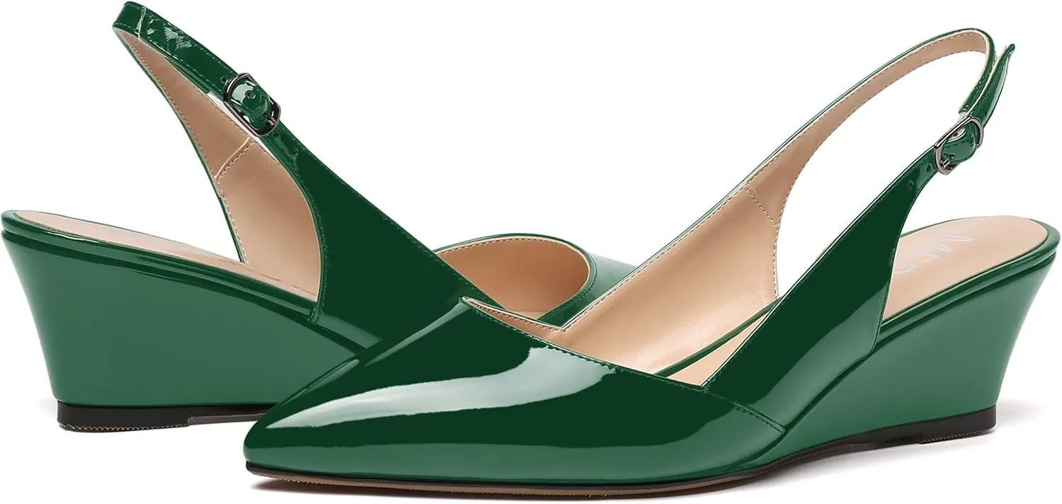 MERRORI Women's Patent Office Solid Slingback Casual Pointed Toe Buckle Wedge Low Heel Pumps Shoes 2 Inch