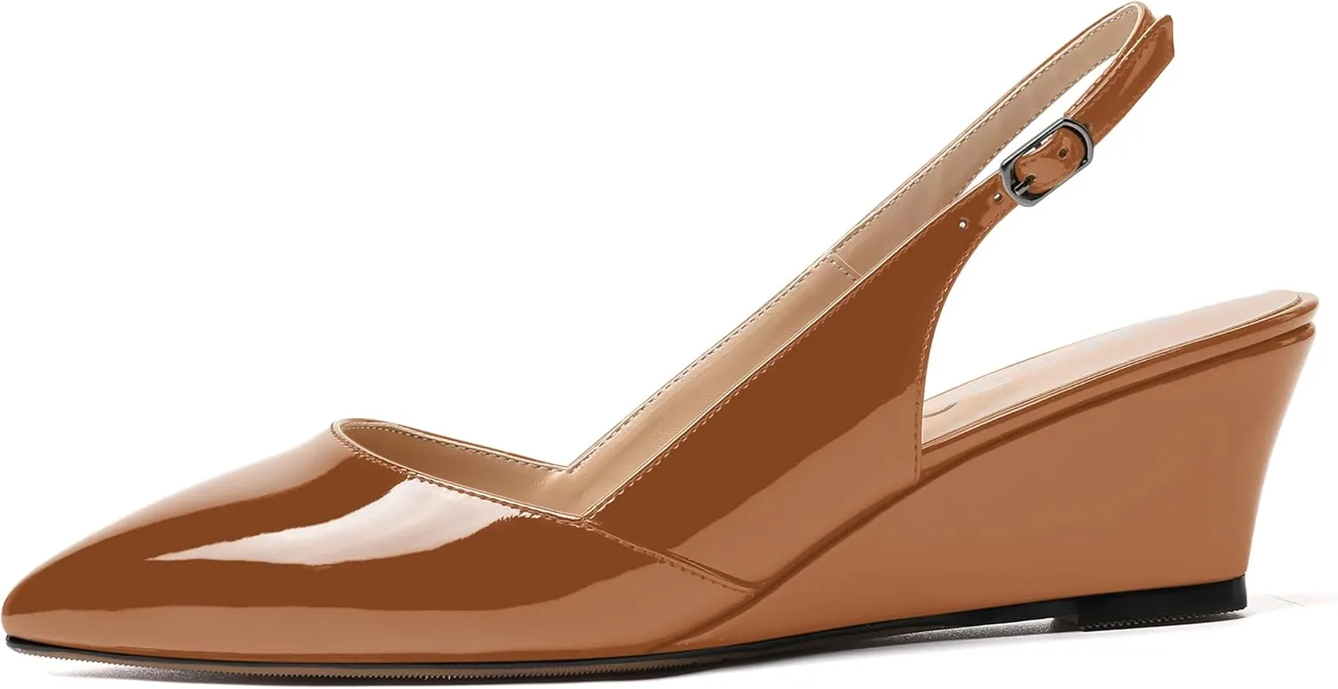 MERRORI Women's Patent Office Solid Slingback Casual Pointed Toe Buckle Wedge Low Heel Pumps Shoes 2 Inch