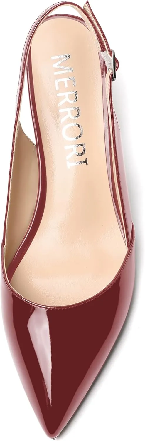 MERRORI Women's Patent Office Solid Slingback Casual Pointed Toe Buckle Wedge Low Heel Pumps Shoes 2 Inch